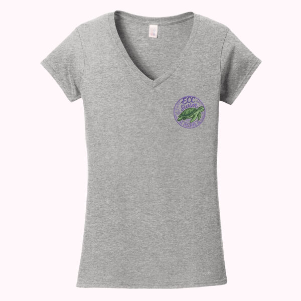 Women's SoftStyle V-Neck T-Shirt with "ECC Swim Mom" at left-chest Thumbnail