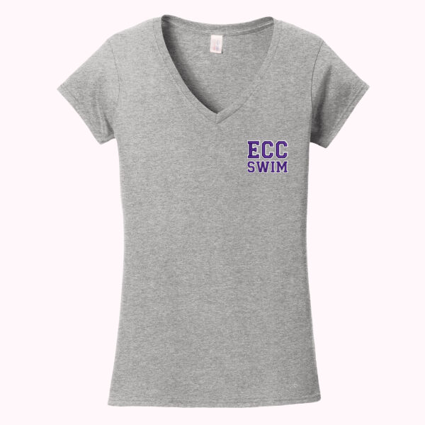 Women's SoftStyle V-Neck T-Shirt with "ECC Swim" Block Varsity Letters at left-chest 2 Thumbnail